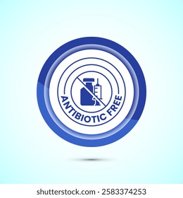 Antibiotic free icon design illustration, No antibiotic label. Organic, healthy, natural, Blue color button design