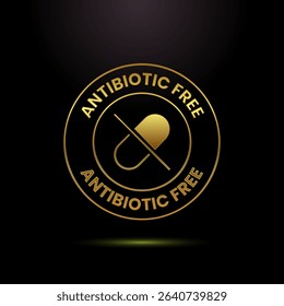 Antibiotic free icon design illustration, No antibiotic label badge in gold color style