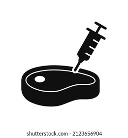 Antibiotic, Hormone Injection Meat Silhouette Icon. Syringe with Needle and Meat Artificial Food Concept Pictogram. Gmo Growing Meat in Medical Laboratory Black Icon. Isolated Vector Illustration.