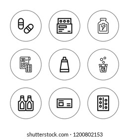 Antibiotic icon set. collection of 9 outline antibiotic icons with drugs, medicine, ointment, pills icons. editable icons.