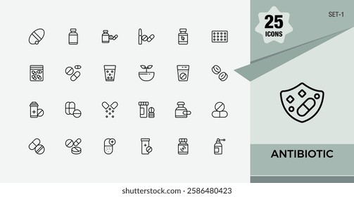 Antibiotic icon set. Includes thin line disease, syrup, medicine, health, virus, treatment and more. Isolated icon. Editable vector stroke.