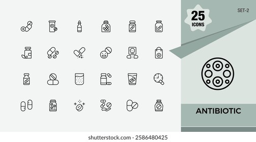 Antibiotic icon set. Includes thin line disease, syrup, medicine, health, virus, treatment and more. Isolated icon. Editable vector stroke.