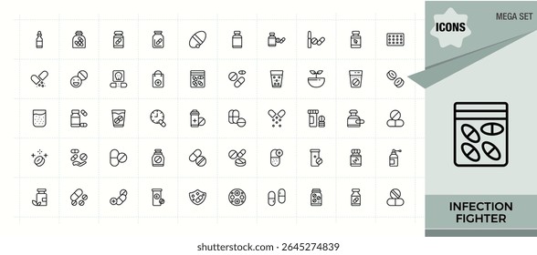 Antibiotic icon set. Pill line icon set. Includes symbols for pill, pharmaceutical, cure, pharma, drug, medical and more. Vector illustration.
