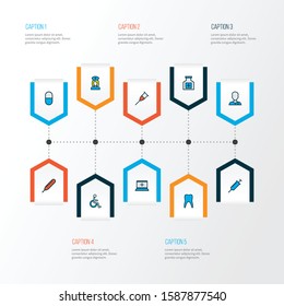 Antibiotic icons colored line set with pill, crutch, medical equipment and other temperature measurement elements. Isolated vector illustration antibiotic icons.