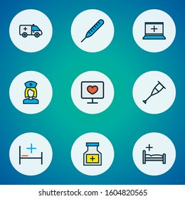 Antibiotic icons colored line set with hospital bed, clinic, first aid car and other thermometer elements. Isolated vector illustration antibiotic icons.