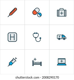 Antibiotic icons colored line set with medicines, thermometer, medicine chest and other syringe elements. Isolated vector illustration antibiotic icons.