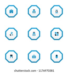 Antibiotic icons colored set with nurse, patch, remedy and other case elements. Isolated vector illustration antibiotic icons.