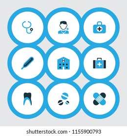 Antibiotic icons colored set with thermometer, first-aid kit, patch and other stethoscope  elements. Isolated vector illustration antibiotic icons.