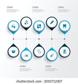 Farbige Antibiotika mit Zahn-, Thermometer-, Heilmittel- und anderen Klebestreifen. Isolierte Vektorgrafik von Antibiotika-Symbolen.