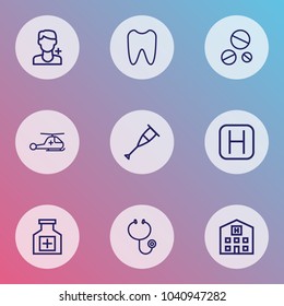 Antibiotic icons line style set with polyclinic, antibiotic, stand building  elements. Isolated vector illustration antibiotic icons.