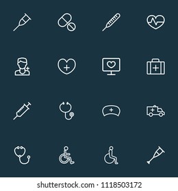 Antibiotic icons line style set with handicapped man, stethoscope, stand doctor  elements. Isolated vector illustration antibiotic icons.