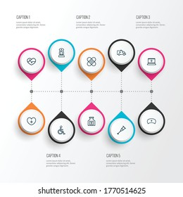 Antibiotic icons line style set with handicapped man, heart, ambulance pills elements. Isolated vector illustration antibiotic icons.