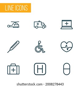 Antibiotic icons line style set with pills, handicapped man, polyclinic vitamin elements. Isolated vector illustration antibiotic icons.