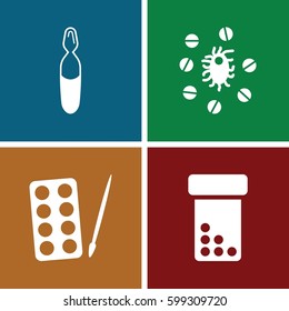 antibiotic icons set. Set of 4 antibiotic filled icons such as paints, medical ampoule, virus and pills