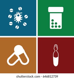 Antibiotic icons set. set of 4 antibiotic filled icons such as medical ampoule, virus and pills, pill