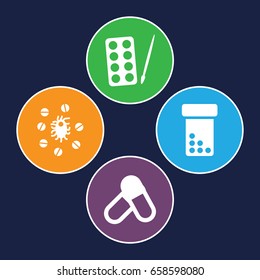 Antibiotic icons set. set of 4 antibiotic filled icons such as paints, virus and pills 