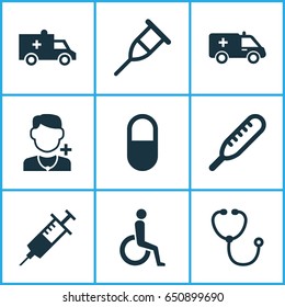 Antibiotic Icons Set. Collection Of Ache, Device, Stand Elements. Also Includes Symbols Such As Device, Stand, Wheelchair.