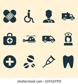 Antibiotic Icons Set. Collection Of Bus, Copter, Nanny And Other Elements. Also Includes Symbols Such As Healer, Handicapped, Instrument.