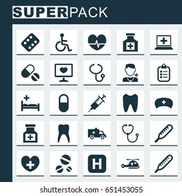 Antibiotic Icons Set. Collection Of Bus, Painkiller, Pellet And Other Elements. Also Includes Symbols Such As Cap, Infirmary, Stethoscope.