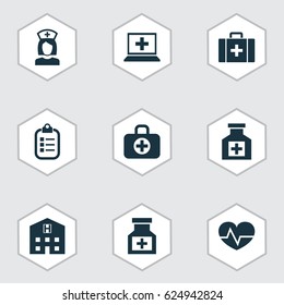 Antibiotic Icons Set. Collection Of Chest, Beating, Painkiller And Other Elements. Also Includes Symbols Such As Database, Heartbeat, Drug.