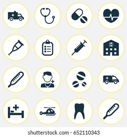 Antibiotic Icons Set. Collection Of Cure, Retreat, Ache And Other Elements. Also Includes Symbols Such As Cure, Brougham, Thermometer.