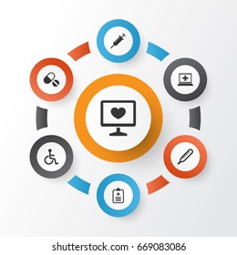 Antibiotic Icons Set. Collection Of Database, Peck, Disabled And Other Elements. Also Includes Symbols Such As Mercury, Heartbeat, Stings.