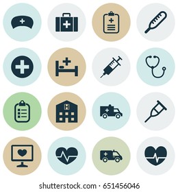 Antibiotic Icons Set. Collection Of Diagnosis, Injection, Stand Elements. Also Includes Symbols Such As Cap, Rack, Diagnostics.