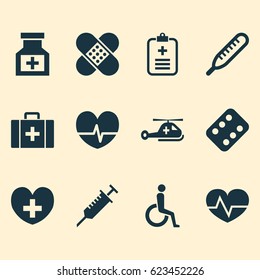 Antibiotic Icons Set. Collection Of Drug, Analyzes, Mercury And Other Elements. Also Includes Symbols Such As Chest, Care, Stings.