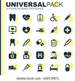 Antibiotic Icons Set. Collection Of Drug, Heal, Pills And Other Elements. Also Includes Symbols Such As Disabled, Teeth, Invalid.