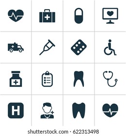 Antibiotic Icons Set. Collection Of Handicapped, Beating, Physician Elements. Also Includes Symbols Such As Rhythm, Care, Stethoscope.