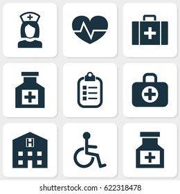 Antibiotic Icons Set. Collection Of Mark, Disabled, Surgical Bag And Other Elements. Also Includes Symbols Such As Pharmacy, Reliever, Health.