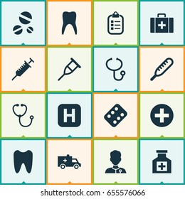 Antibiotic Icons Set. Collection Of Mark, Claw, Bus And Other Elements. Also Includes Symbols Such As Chest, Painkiller, Remedy.