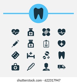 Antibiotic Icons Set. Collection Of Painkiller, Analyzes, Drug And Other Elements. Also Includes Symbols Such As Pulse, Healthy, Beating.