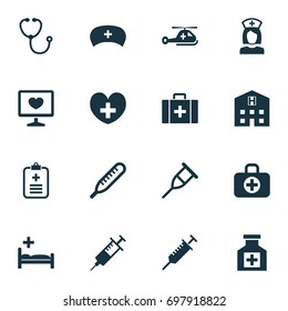 Antibiotic Icons Set. Collection Of Peck, Retreat, Polyclinic And Other Elements. Also Includes Symbols Such As Case, Retreat, Thermometer.