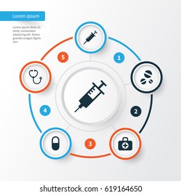 Antibiotic Icons Set. Collection Of Pellet, Peck, Surgical Bag And Other Elements. Also Includes Symbols Such As Pellet, Cure, Pill.