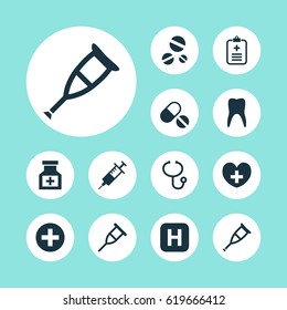 Antibiotic Icons Set. Collection Of Plus, Analyzes, Injection And Other Elements. Also Includes Symbols Such As Drug, Crutch, Analyzes.