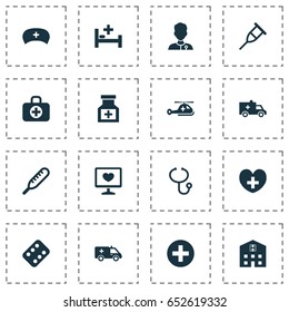 Antibiotic Icons Set. Collection Of Plus, Diagnosis, Surgical Bag And Other Elements. Also Includes Symbols Such As Brougham, Medicament, Review.