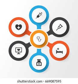 Antibiotic Icons Set. Collection Of Polyclinic, Stand, Diagnosis Elements. Also Includes Symbols Such As Drug, Syringe, Rack.