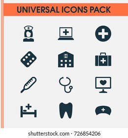 Antibiotic Icons Set. Collection Of Retreat, Cap, Diagnosis And Other Elements. Also Includes Symbols Such As Instrument, Plus, Help.