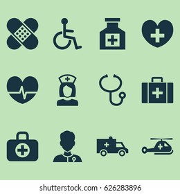 Antibiotic Icons Set. Collection Of Review, Disabled, Healer And Other Elements. Also Includes Symbols Such As Check, Medication, Pulse.