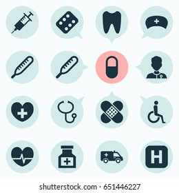 Antibiotic Icons Set. Collection Of Rhythm, Mercury, Drug And Other Elements. Also Includes Symbols Such As Heal, Plaster, Heartbeat.
