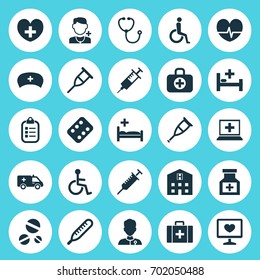 Antibiotic Icons Set. Collection Of Rhythm, Remedy, First-Aid And Other Elements. Also Includes Symbols Such As Invalid, Diagnosis, Drug.