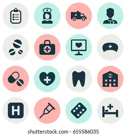 Antibiotic Icons Set. Collection Of Stand, Cap, Mark Elements. Also Includes Symbols Such As Bed, Diagnosis, Medicament.