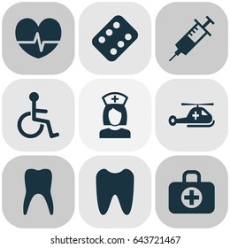 Antibiotic Icons Set. Collection Of Surgical Bag, Nanny, Disabled And Other Elements. Also Includes Symbols Such As Copter, Syringe, Helicopter.