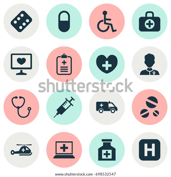 Antibiotic Icons Set. Collection Of Surgical Bag,\
Copter, Injection And Other Elements. Also Includes Symbols Such As\
Heart, Care,\
Device.