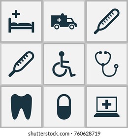 Antibiotic Icons Set With Disabled, Database, Ache And Other Polyclinic Elements. Isolated Vector Illustration Antibiotic Icons.