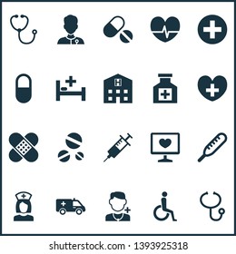 Antibiotic icons set with drug, ambulance, medic and other device elements. Isolated vector illustration antibiotic icons.