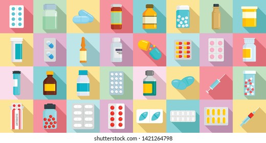 Antibiotic icons set. Flat set of antibiotic vector icons for web design