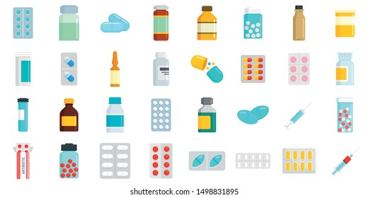 Antibiotic icons set. Flat set of antibiotic vector icons for web design