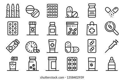 Antibiotic icons set. Outline set of antibiotic vector icons for web design isolated on white background